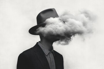 Surreal Portrait of a Man in a Cloud with Hat Exploring Identity Loss and Absence