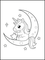 Space Unicorn Coloring Page for Kids. Printable Black and White Activity Sheet with a Cute Unicorn Cartoon Character.