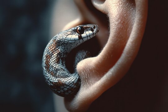 Illustration of Snake Whispering in Ear, Surreal Temptation Concept, Sin, Manipulation, Persuasion