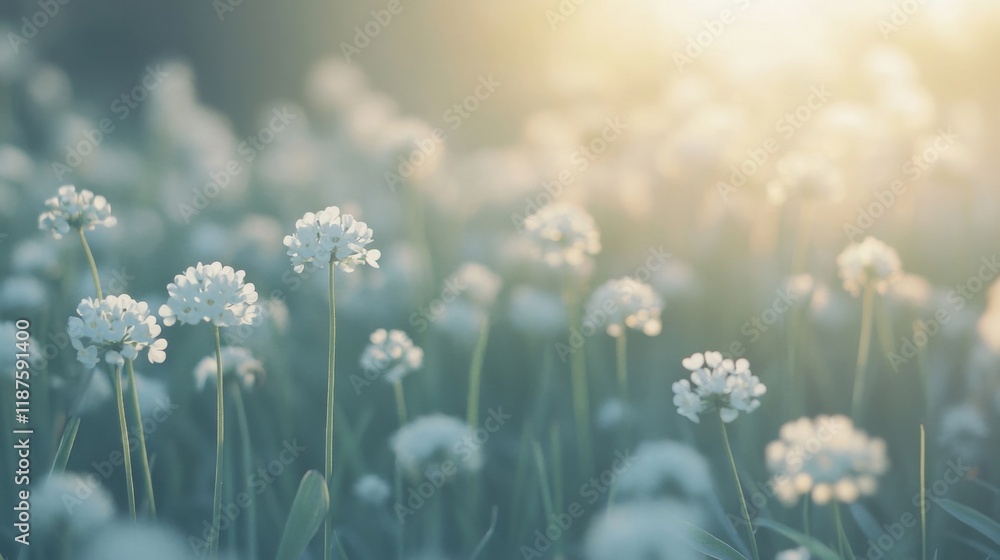 Sticker Morning light bathes a vibrant clover patch, highlighting clusters of small white flowers amidst lush green foliage, creating a peaceful atmosphere