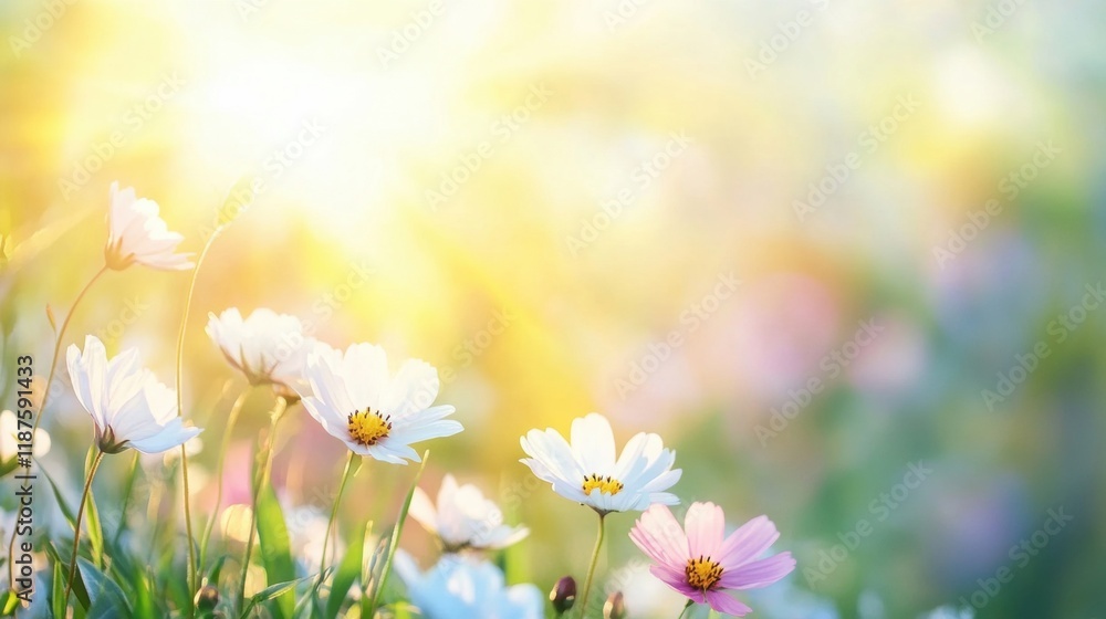 Wall mural Colorful wildflowers thrive under the warm spring sun in a peaceful meadow, celebrating nature's beauty and renewal