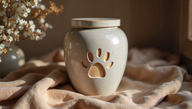  White ceramic pet urn with paw cutout and soft lighting