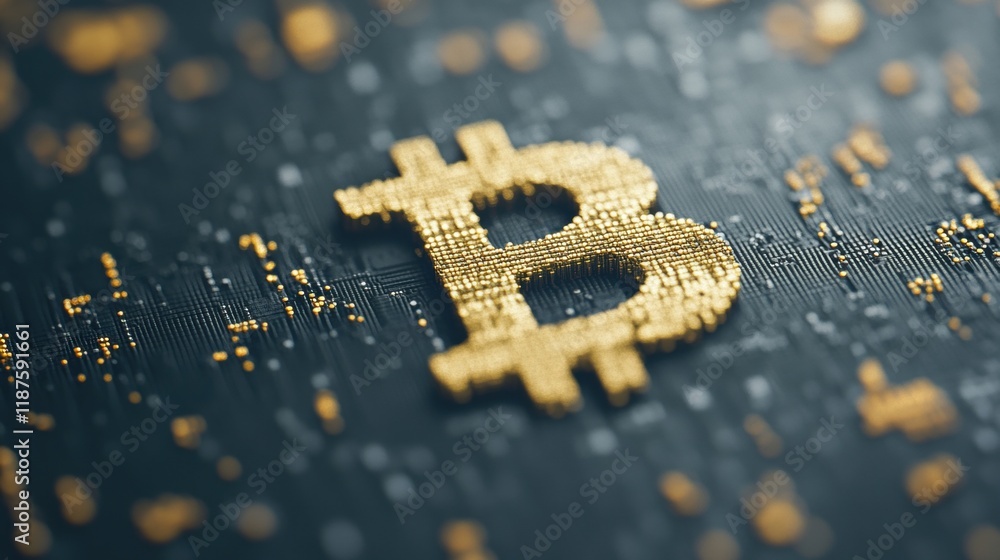 Poster gold bitcoin symbol highlighted on a sleek computer processor surface, representing advanced digital