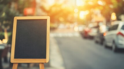 A blank chalkboard sign is positioned on a city street as the sun sets, with cars and city buildings blurred in the background
