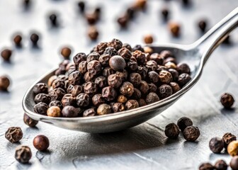 Black Pepper Spoon Still Life Photography: White Background, Macro, Spicy, Aromatic, Culinary, Food Photography