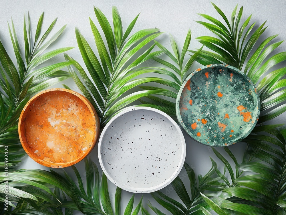 Aufkleber modern still life abstract display with terrazzo patterns and palm leaves