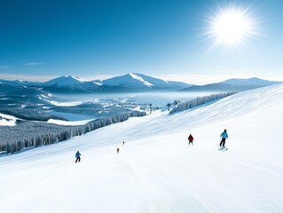 Skiers and snowboarders descending a pristine snow slope, bright winter day, with panoramic views of a mountain resort in the background