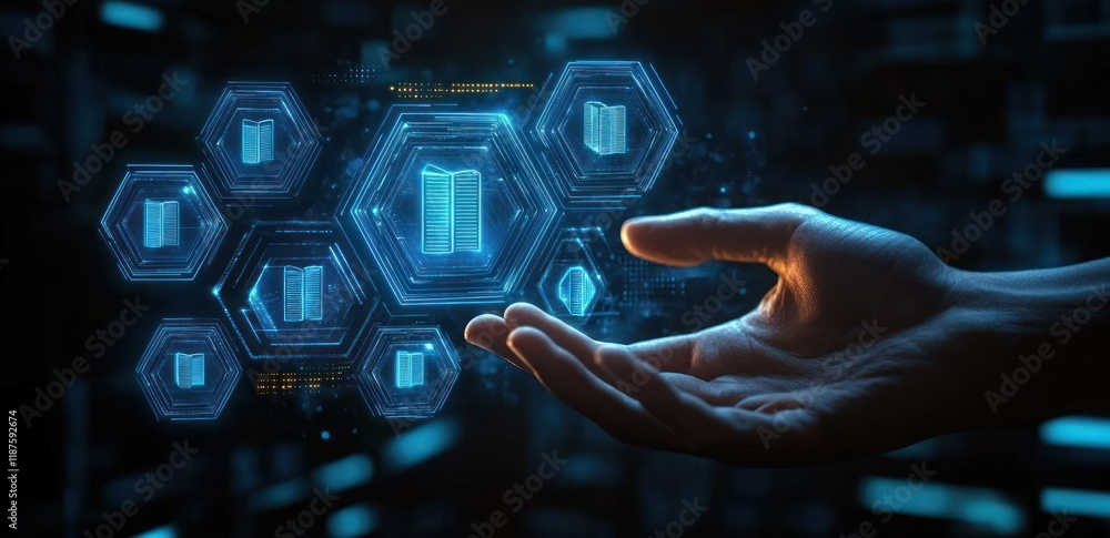 Poster digital library interface with e-book icons and neon lighting for enhanced online learning and knowl