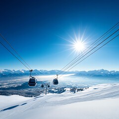 Cable cars ascending above snowy slopes, offering a bird seye view of a busy mountain resort and breathtaking winter scenery