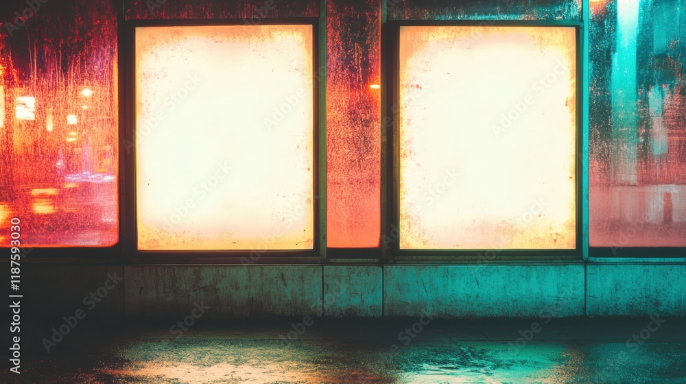 Poster storefront windows are empty and illuminated by neon lights, creating a striking visual contrast in 