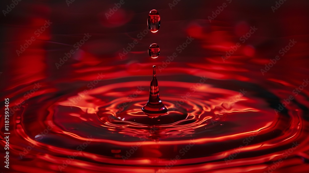 Poster red liquid drop falling, creating concentric ripples on the surface.