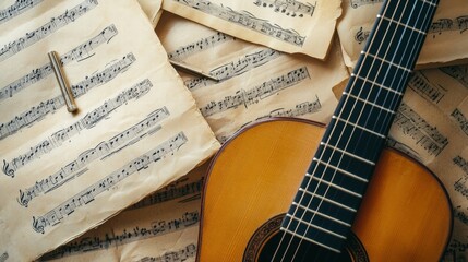 Beautiful acoustic guitar surrounded by scattered sheet music and a tuning fork on a wooden...