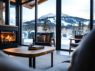 Cozy cabin interior with a roaring fireplace, rustic wooden furniture, and a snowy mountain visible through large glass windows