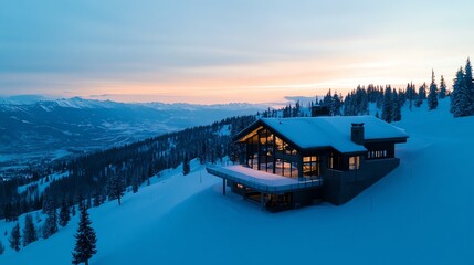 Obraz premium Luxurious skiin, skiout chalet perched on a hill, with skiers passing by and panoramic views of a snowy mountain backdrop