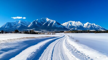 Scenic hiking trail winding through snowblanketed forests, leading towards majestic mountain ranges in a tranquil winter resort