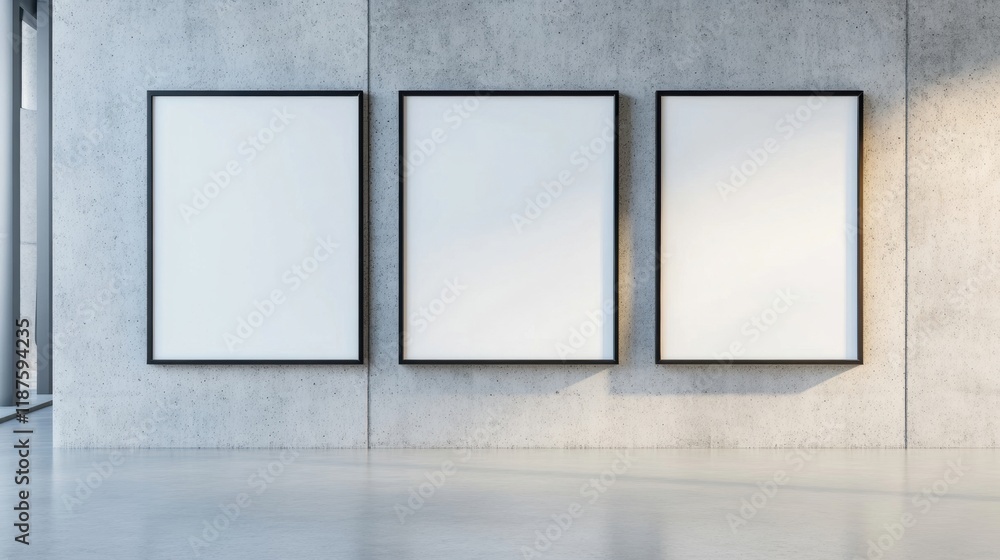 Poster three blank frames are displayed on a concrete wall in a contemporary setting, illuminated by natura
