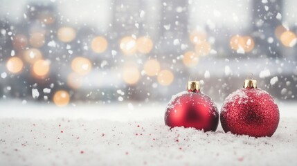 Fototapeta premium Colorful Christmas ornaments surrounded by snowflakes and glimmering city lights create a festive atmosphere in winter