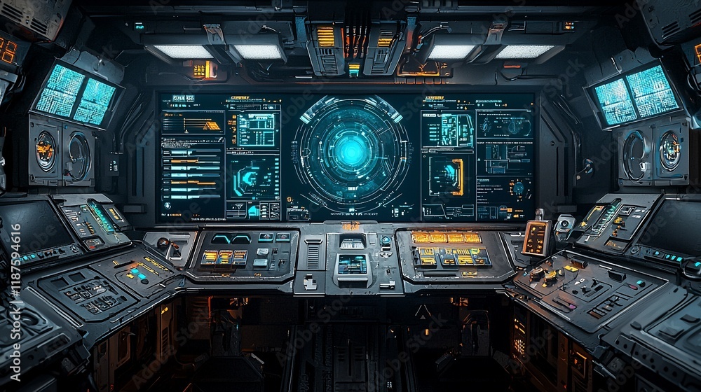Poster futuristic spaceship bridge control panel with holographic display.