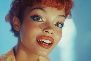 Obraz premium Commercial ad campaign conceptual art. Attractive happy mixed-race girl - for ads, brochure and social media use. Short trim - highlighted hair. Black woman portrait. Black woman photography.