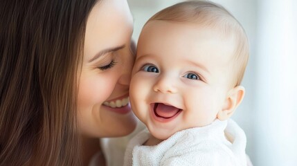 A mother expresses her affection by kissing her smiling baby on the cheek in a bright and cheerful indoor environment, showcasing their bond