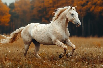 A spotted white horse gallops through autumnal fields