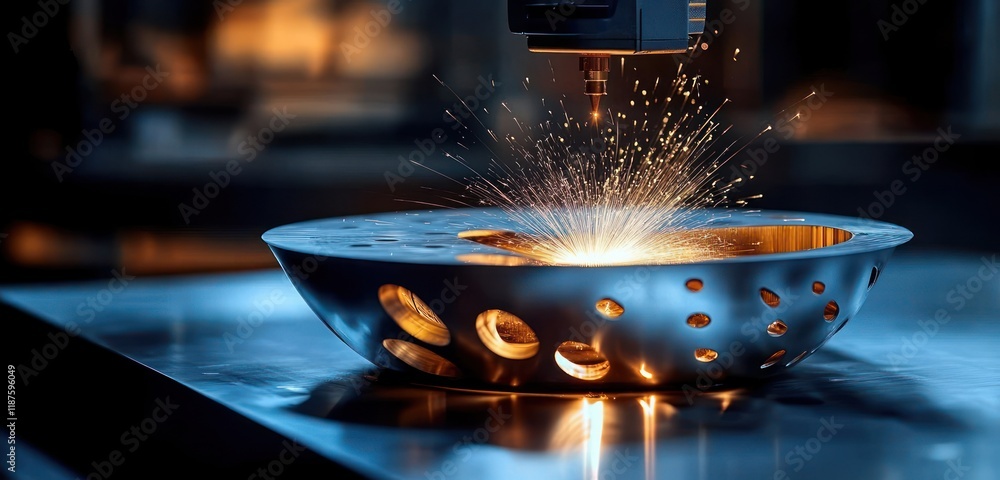Poster close-up of cnc machine performing metal processing with laser and sparks