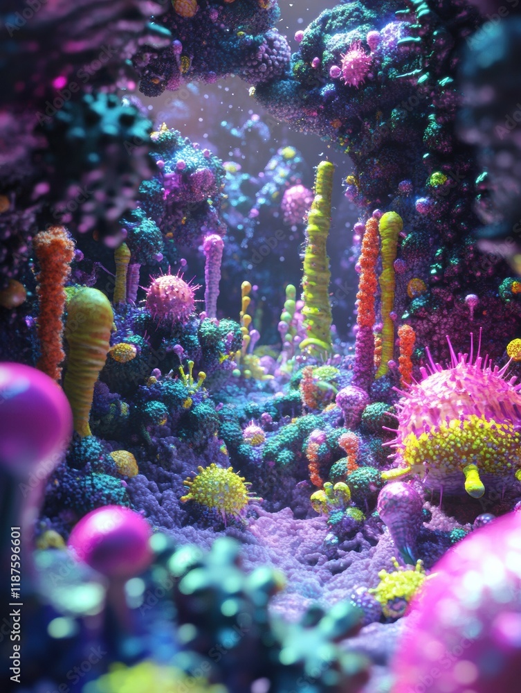 Poster vibrant microscopic landscape showcasing glowing viruses in a colorful underwater environment. gener