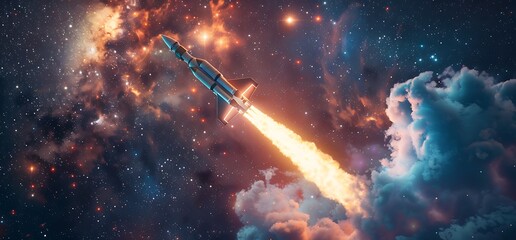 Rocket launching into space amidst colorful nebula and clouds.