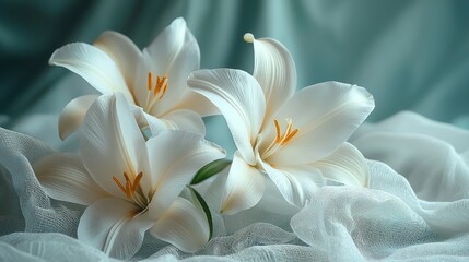 Obraz premium Elegant white lilies on soft fabric backdrop.