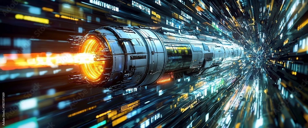Poster futuristic spaceship traveling through digital tunnel at high speed.