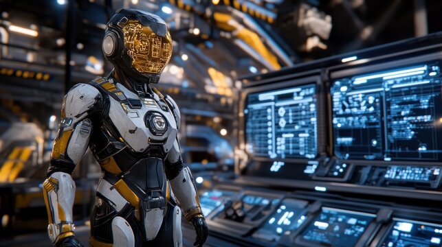 A futuristic iron exosuit standing in a high-tech lab, glowing interfaces 
