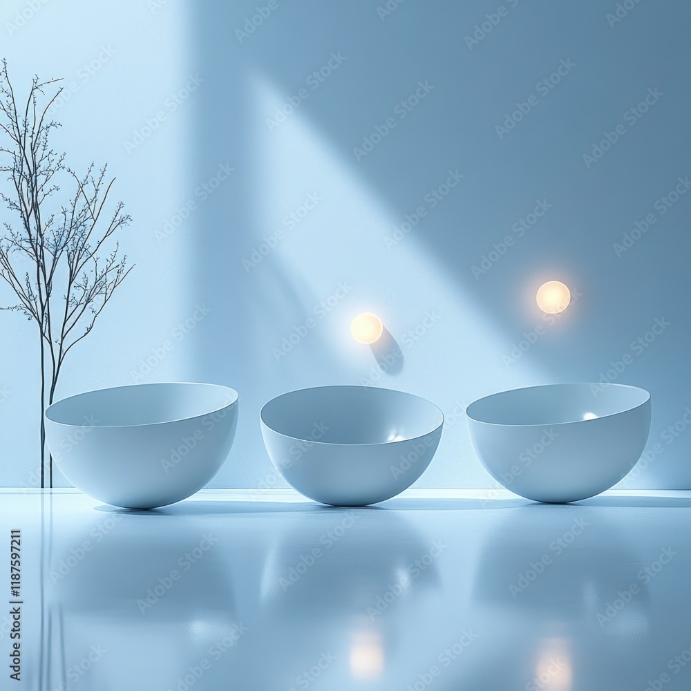 Poster minimalist 3d rendering of floating bowls abstract product presentation