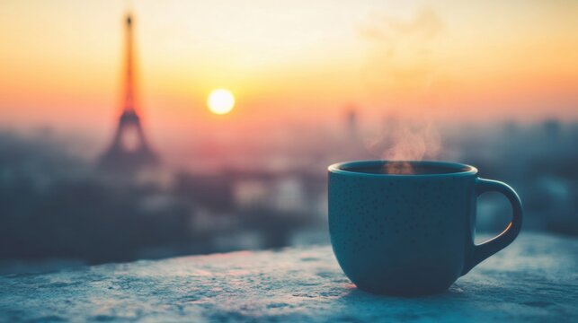 A warm cup of coffee rests on a ledge as the sun rises behind the Eiffel Tower, illuminating the Paris skyline with soft colors