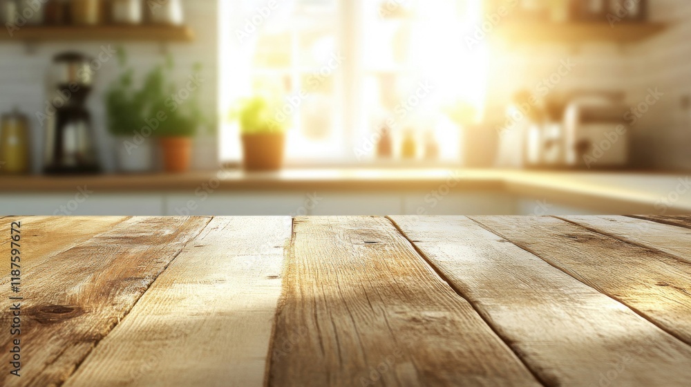 Poster sunlight streams through a kitchen window, illuminating a rustic wooden table top surrounded by soft