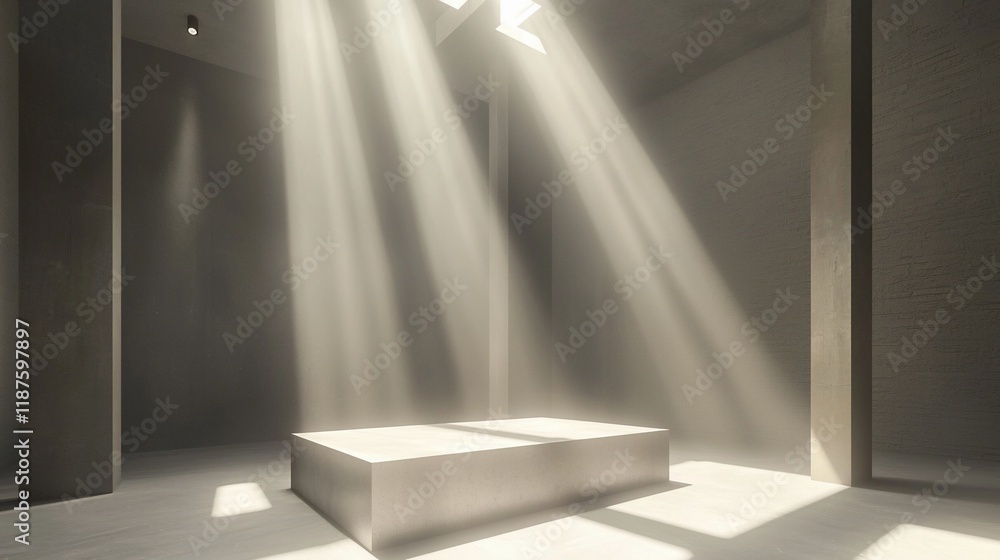 Aufkleber Sunbeams illuminate empty concrete room with platform.