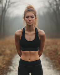 Fototapeta premium Determined Woman Catching Her Breath After Morning Run on Dewy Trail with Rising Sunlight