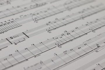 A white shett with a musical partition. Musical notes on a sheet of music paper. Music notes as...