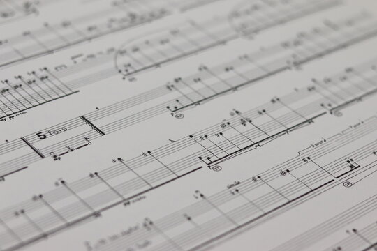 A white shett with a musical partition. Musical notes on a sheet of music paper. Music notes as background with a close-up view.