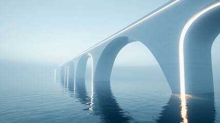 Futuristic bridge over water with glowing lines.