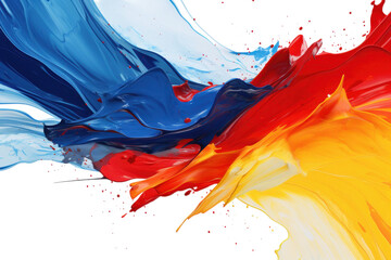 Vibrant abstract composition showcasing dynamic brush strokes with rich reds, blues, and yellows...