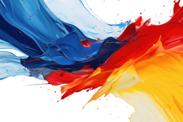 Vibrant abstract composition showcasing dynamic brush strokes with rich reds, blues, and yellows swirling together in a fluid arrangement