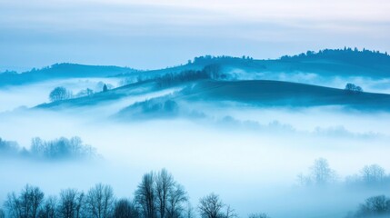 Fototapeta premium Soft fog blankets rolling hills, showcasing a peaceful mountain landscape in stunning blue tones during the early morning light