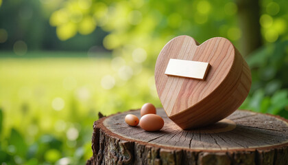  Wooden heart urn with nameplate on tree stump in natural setting