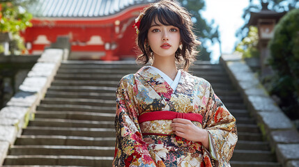 Fototapeta premium japan, Japanese women, kimono, geisha, Japanese clothing, Japanese art, beauty, fragility, scene, art, glittering, pretty, smile, cute, Kawaii, shrine, temple, scenery, flower, cherry blossoms, rain, 