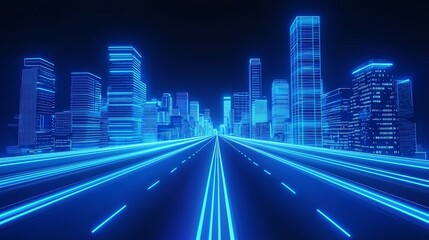Futuristic city skyline with glowing highway.