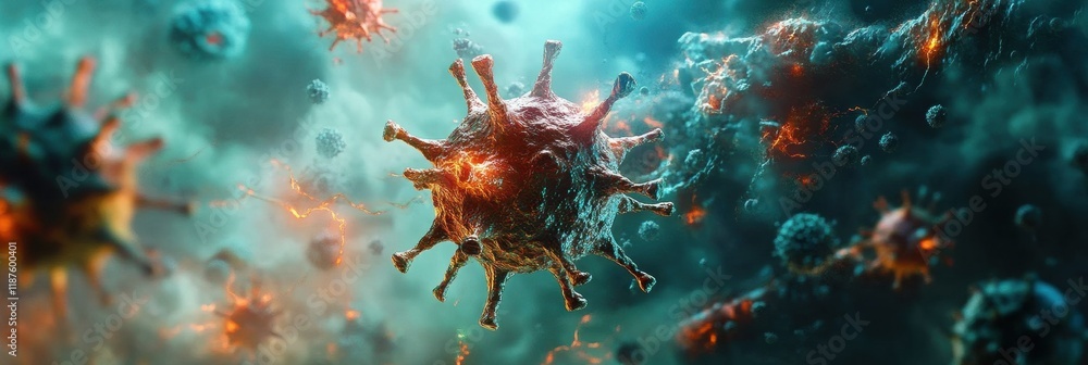 Leinwandbilder Virus transforming and mutating in a vivid, dynamic microscopic environment with glowing details. Generative AI
