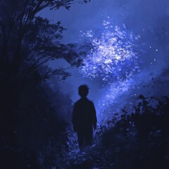 Fototapeta premium Serene Night Scene with Soft Light and Silhouetted Figure