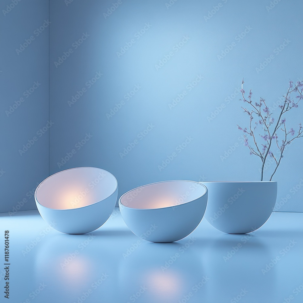 Poster minimalist 3d rendering of floating bowls with soft ambient lighting and pale blue background