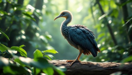 Obraz premium Stunning Blue-Grey Bird Perched on a Log in Lush Forest