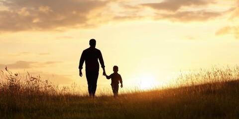 A touching silhouette of a father holding his child's hand while walking towards the sunset, symbolizing love, connection, and cherished family moments.